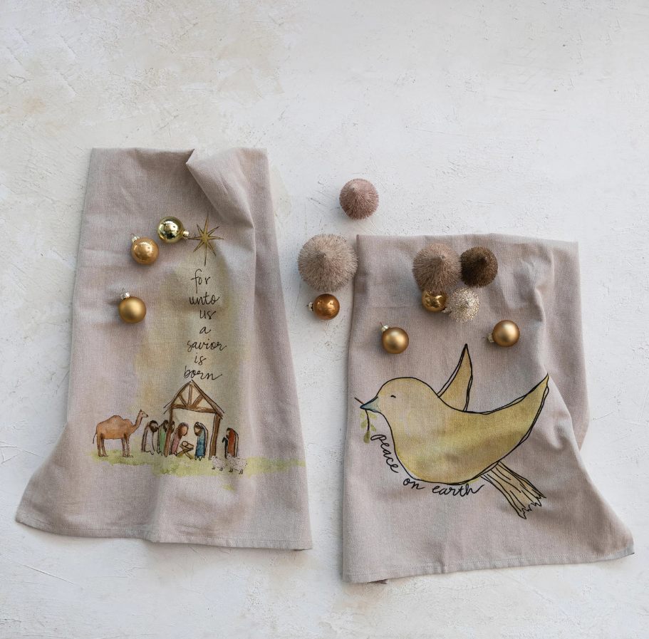Chambray Printed Tea Towel with Nativity or Dove