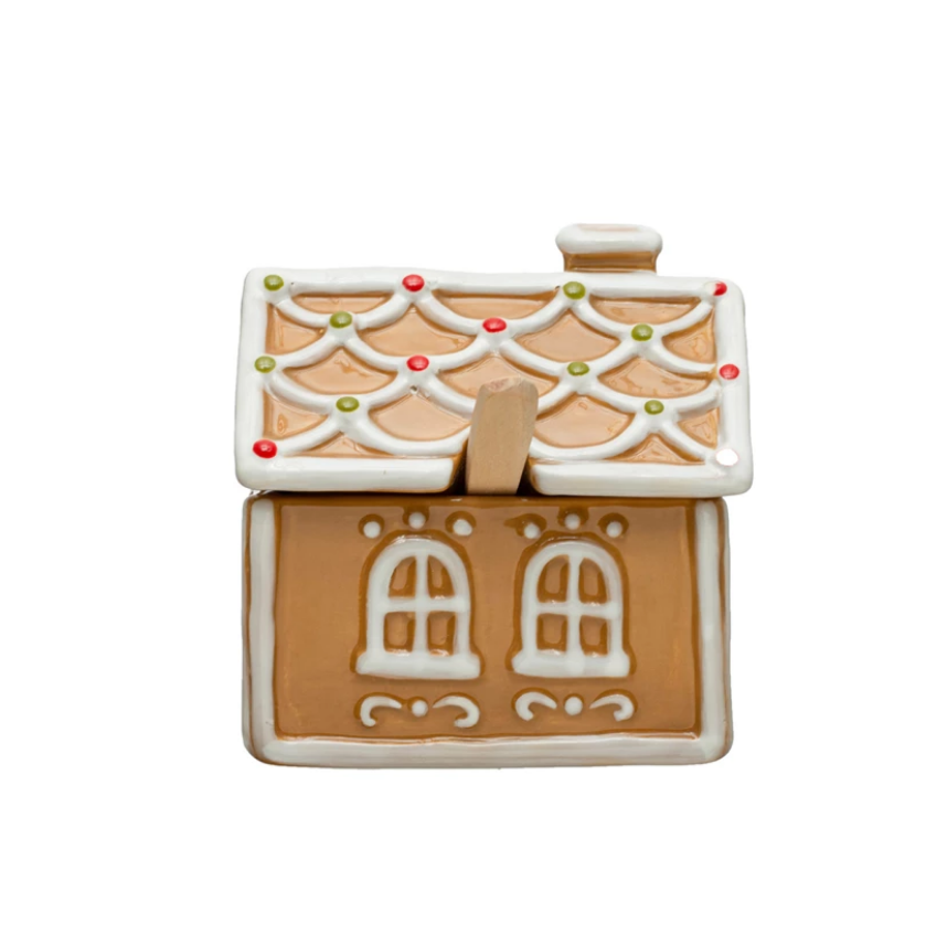 Hand-Painted Ceramic Gingerbread House Sugar Pot w/ Wood Spoon