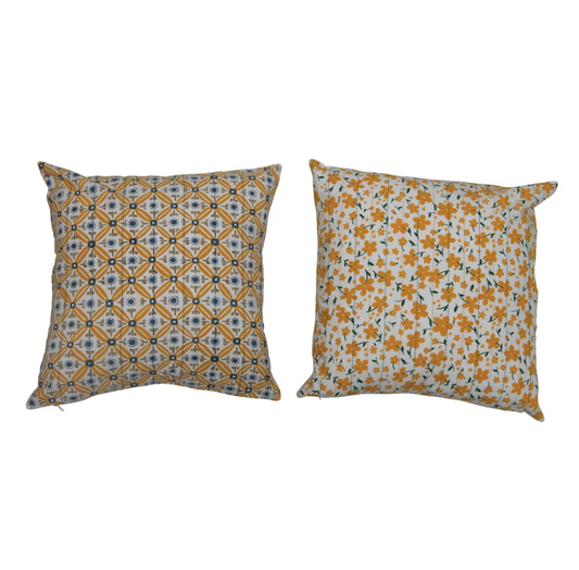Spring Cotton Printed Pillow with Kantha Stitch - 2 Styles