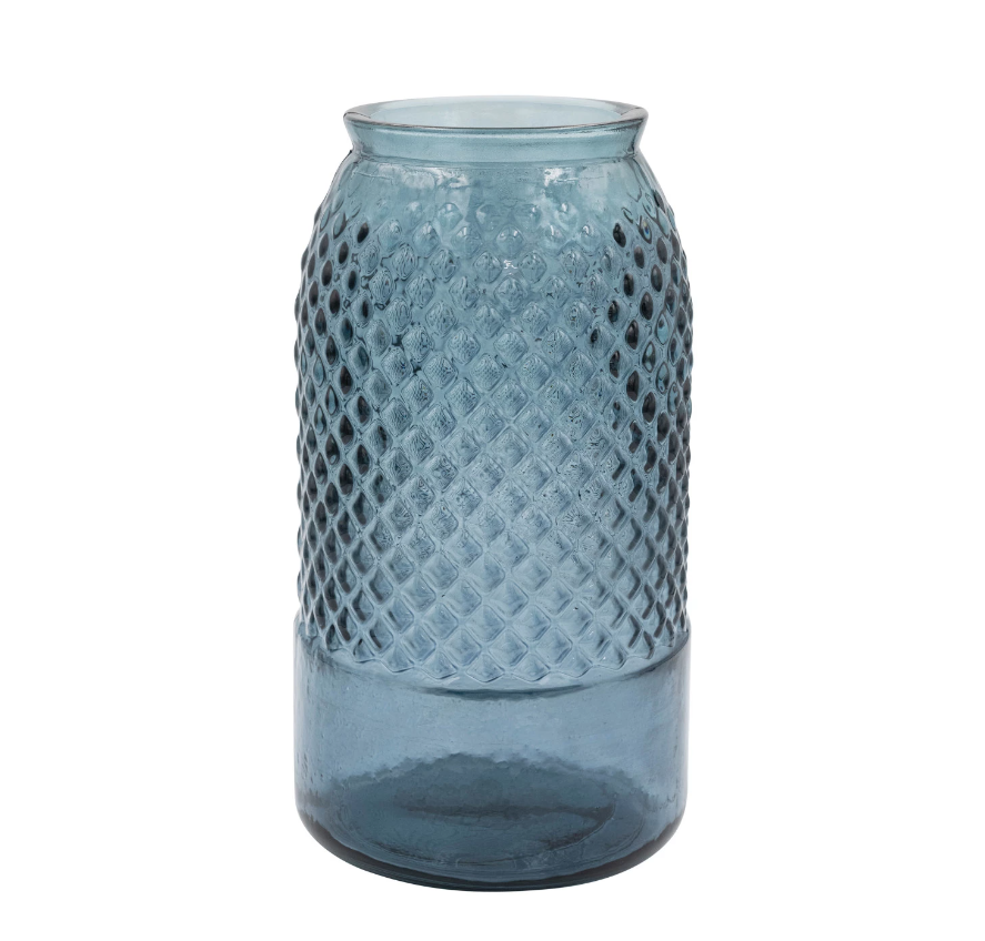 Blue Embossed Glass Vase