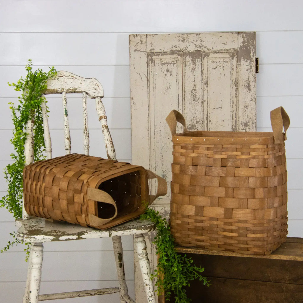Woven Chipwood Storage Basket with Fabric Handles - 2 Sizes