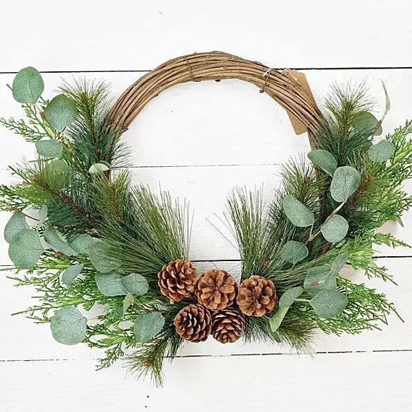 Half Twig Wreath-Mix Evergreen Pines and Silver