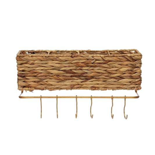 Straw and Metal Basket with Brass Hooks