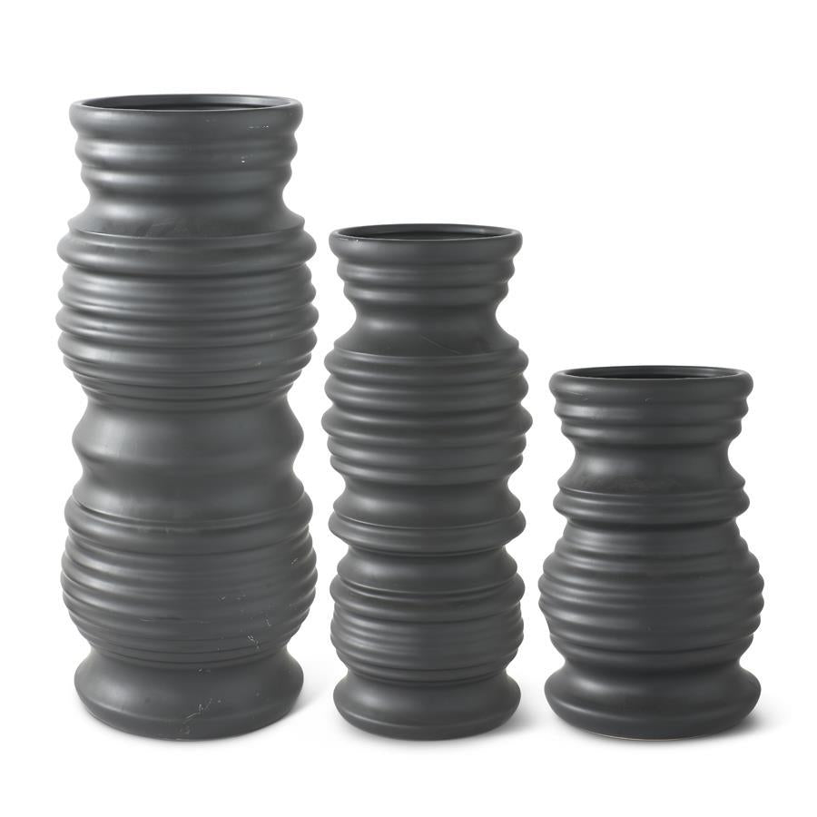 Matte Black Stoneware Ribbed Vase - 3 Sizes