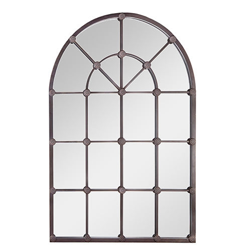 Distressed Black Arched Windowpane Mirror