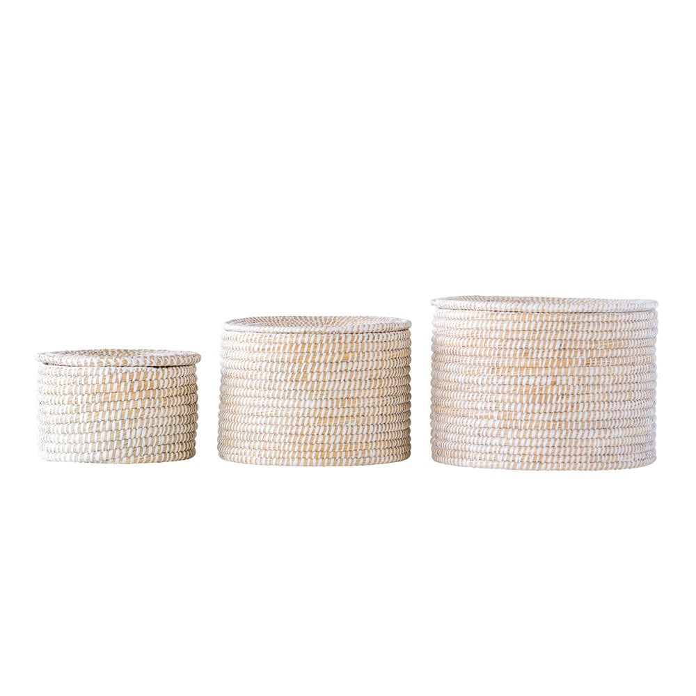 Whitewashed Seagrass Basket with Lid -3 Sizes