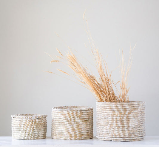 Whitewashed Seagrass Basket with Lid -3 Sizes