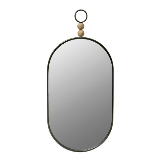 Oval Metal Framed Wall Mirror w/ Wood Beads, Black