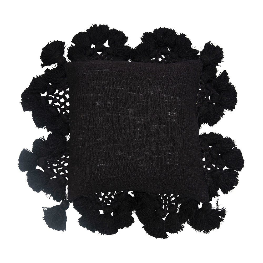 Slub Pillow w/ Crochet & Tassels, Black