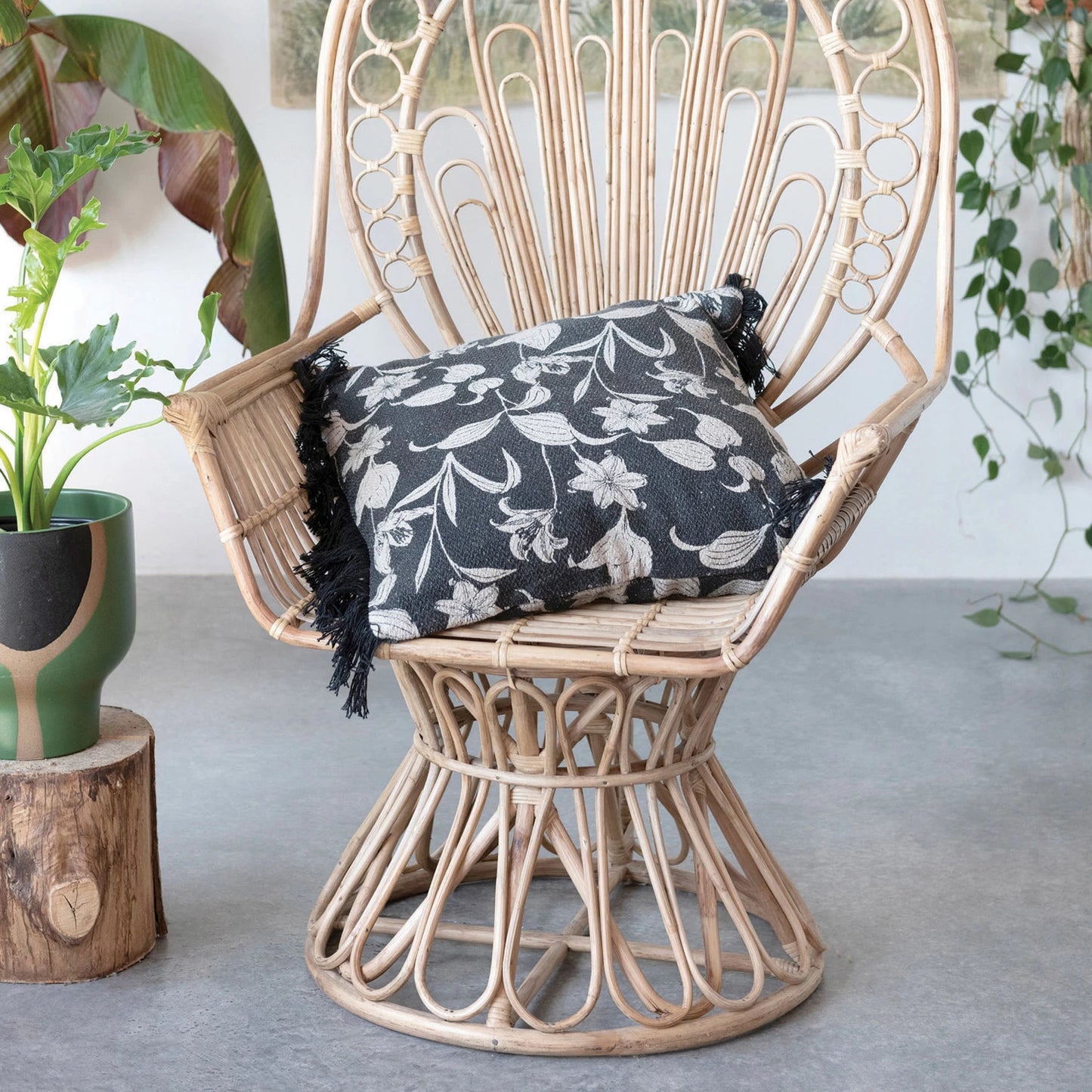 Black and Cream Floral Pillow with Fringe