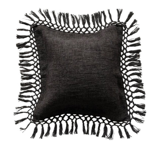 Black Slub Pillow with Fringe