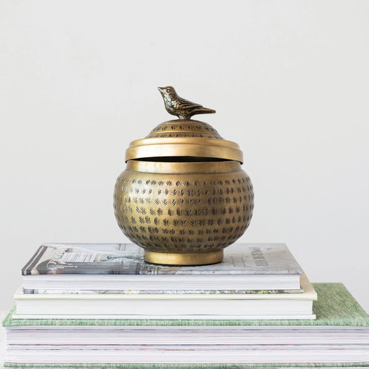 Bird Finial Metal Canister - Brass Finish