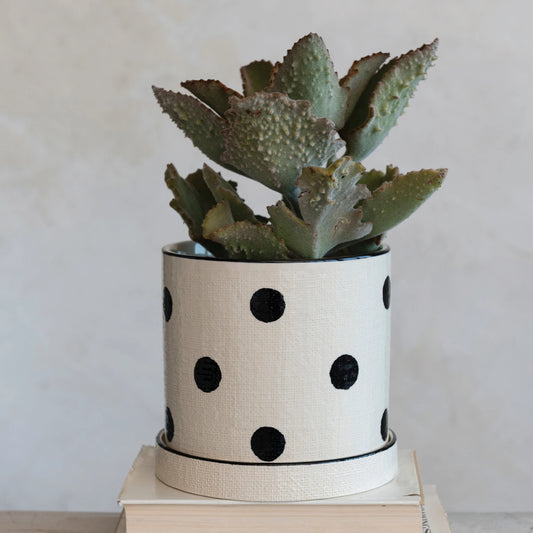 Cream and Black Dotted Planter with Saucer