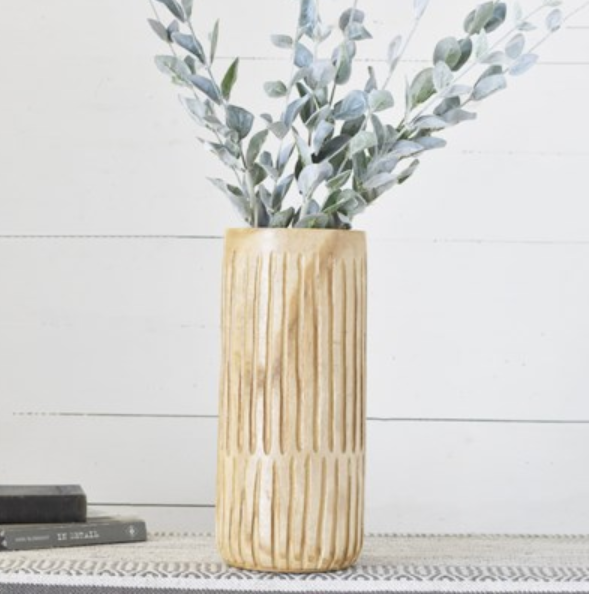 Line Carved Wood Vase - Short