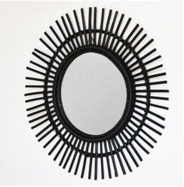 Black Round Rattan Mirror