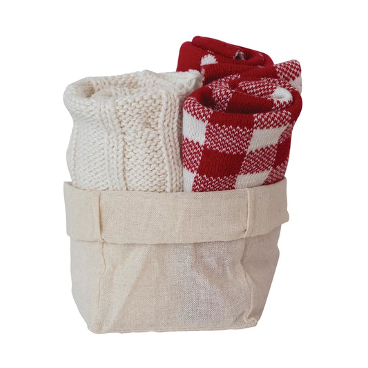 Cotton Knit Dish Cloths with Patterns - Red and Cream
